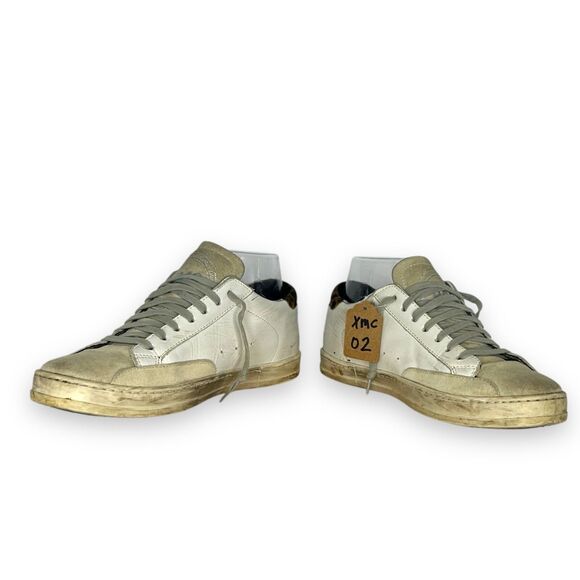 P448 John Sneakers White Leather Leopard Lace Up Sz 37 Womens 7 US Distressed - Picture 3 of 7